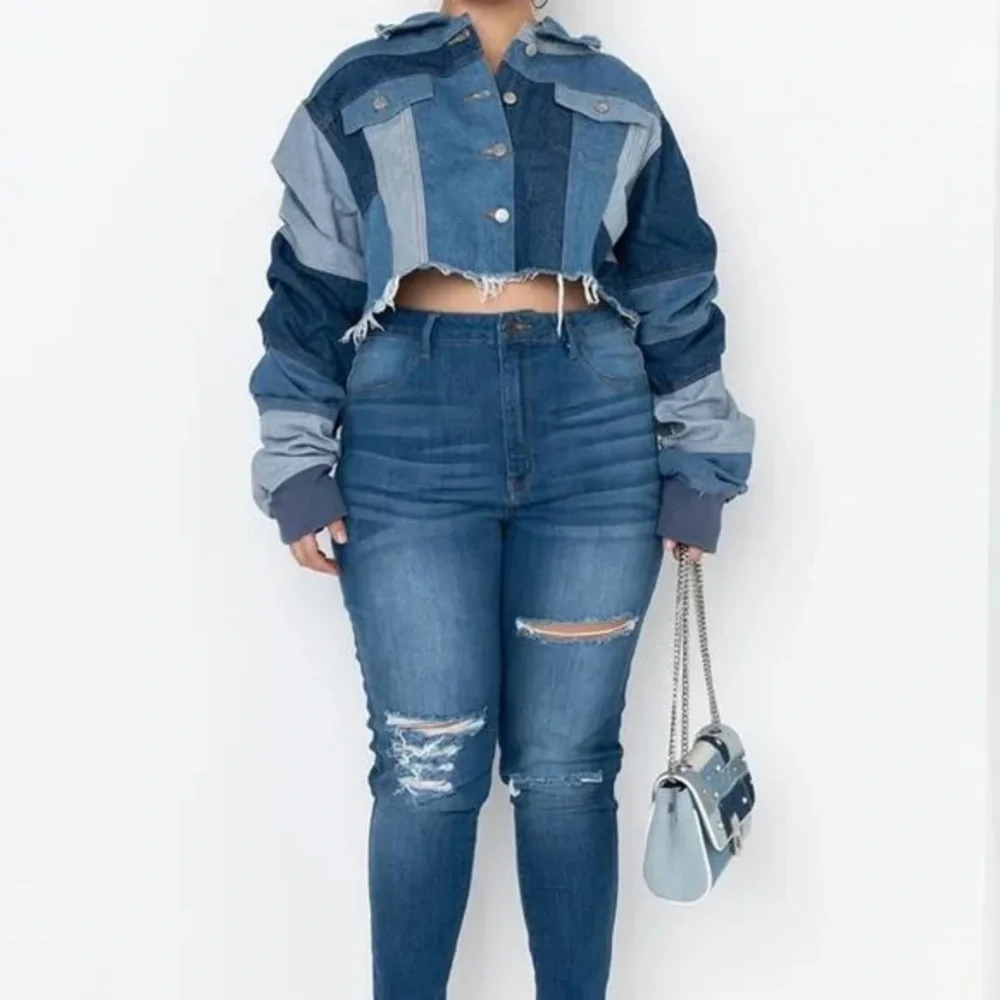 NWT AZALEA WANG ALL PATCHED UP PATCHWORKED  CROP DENIM JACKET - Picture 5 of 14